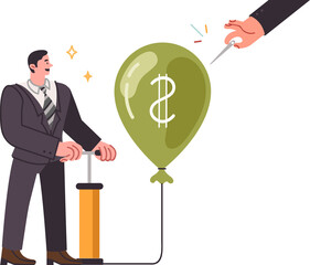 Financial bubble inflated by male investor in business clothes risks exploding due to needle. Bad businessman creates financial bubble to extract excess profits from startup and deceive investors.
