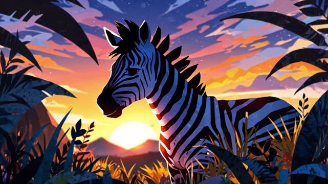 カラフルな夕焼けに映えるシマウマのシルエット 明るく風変わりなアニメ
