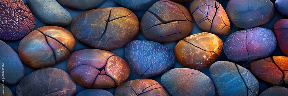 Poster a close-up shot capturing the smooth texture and metallic finish of vibrant, multicolored pebbles