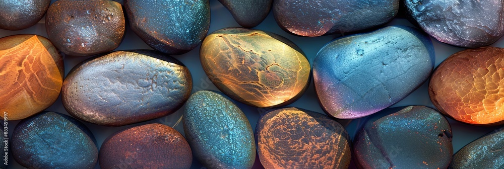 Poster An Assortment of Smooth, Multicolored Pebbles Arranged in an Abstract and Artistic Pattern on the Ground