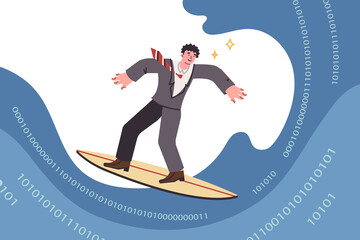 Business man is surfing internet, standing on surfboard gliding along waves of binary code. Guy is interested in online surfing, studying new technologies and innovative digital services.