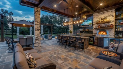 Suburban ranch with a custom outdoor kitchen and bar area, complete with a pizza oven and cocktail station