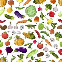 Vector pattern from vegetables.Multicolored vegetables on a white background in a seamless pattern.