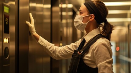 A mask-wearing woman in a uniform, and gloves, is pressing a button in an elevator, emphasizing hygiene and safety protocols.