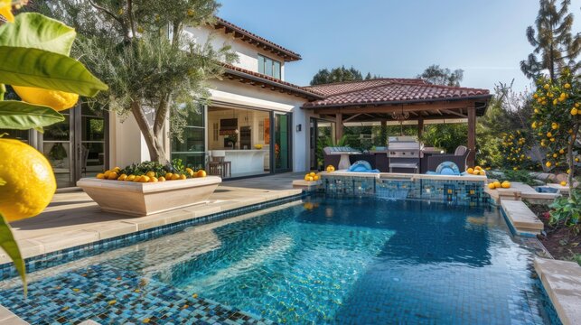 The backyard of a Mediterranean home with a custom mosaic tile pool and a covered patio area for entertaining, surrounded by fragrant lemon trees