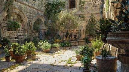 The courtyard of a Mediterranean-style monastery, with ancient stone walls and a collection of rare medicinal herbs