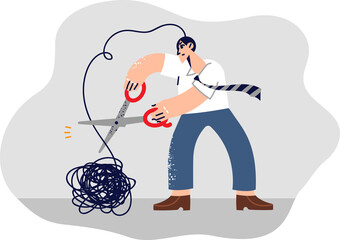 Man gets rid of psychological problems arising from childhood traumas by cutting off tangled wad of thread with scissors. Business guy working on achieving psychological balance in life
