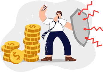 Business man is engaged in asset insurance and protecting capital from inflation, stands with shield near stack of coins. Investor accumulates capital saving money from financial crisis