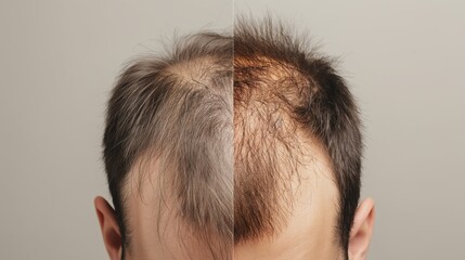 Fototapeta premium Before and after comparison of male hair transplant treatment depicting increased hair density and coverage on the scalp.