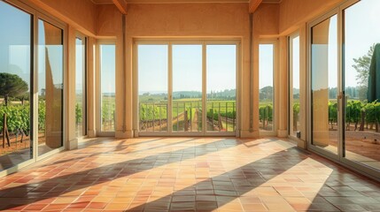 Fototapeta premium The sunroom of a Mediterranean villa, with floor-to-ceiling windows and terracotta floors, offering a panoramic view of the surrounding vineyards