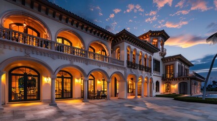 Twilight illuminates a Mediterranean villa, showcasing its intricate arches and balconies over an expansive patio area