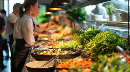 Obraz premium Vegetable buffet with fresh salads and greens in a vibrant, well-lit restaurant setting with people serving themselves.