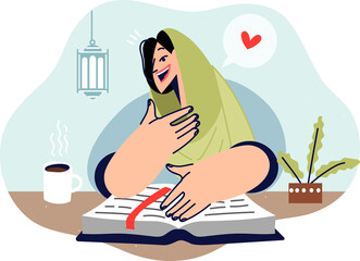 Islamic woman reads koran, sitting at table and studying religious muslim literature, dressed in hijab. Girl researcher studies koran and stories describing teachings of allah and prophet muhammad