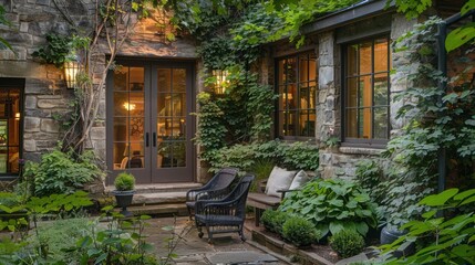 cozy suburban farmhouse with a stone exterior and lush climbing ivy, featuring a hidden garden nook