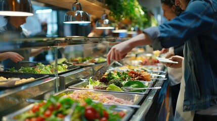 Obraz premium People serving themselves at a self-service salad bar, with various fresh vegetables and prepared dishes displayed in trays.