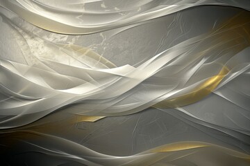Obraz premium Abstract composition of swaths of sheer white and gold fabric over a textured gray surface