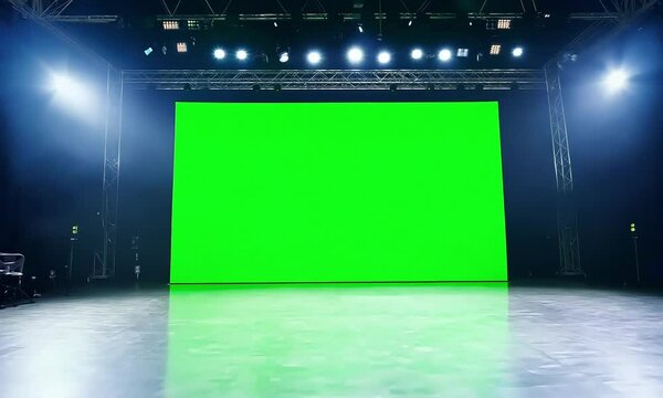 A large, empty stage with a blank screen displaying a chroma key green screen backdrop (mov)
