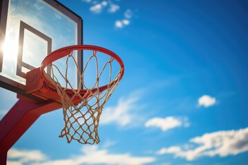 Look Up to Score: Basketball Hoop Against Clear Blue Sky