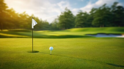 Obraz premium Golf Club and Ball on Green Fairway with Flag in Distance on Sunny Day