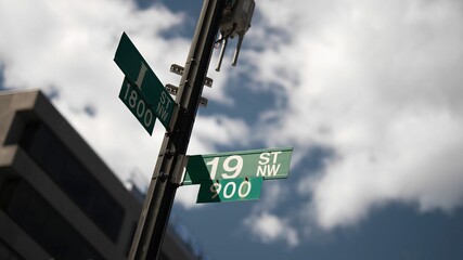 I street NW and 19th street NW street signs in downtown Washington DC symbolizing lobbying and corruption in nations capital