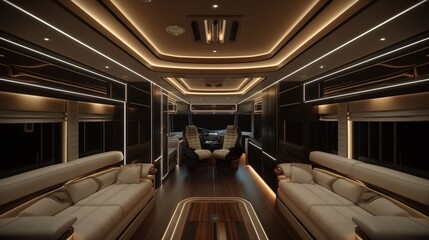 Fototapeta premium Luxurious interior of a modern motorhome with elegant ambient lighting, plush seating, and high-end finishing, creating a comfortable and stylish living space.