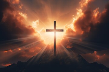 Fototapeta premium a shining cross on blue sky with clouds and lightbeam