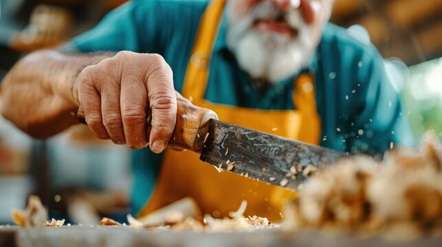 A close-up of a craftsman wearing an apron and using a tool to work on a wooden object, showcasing skill, craftsmanship, and dedication to the art of woodworking.