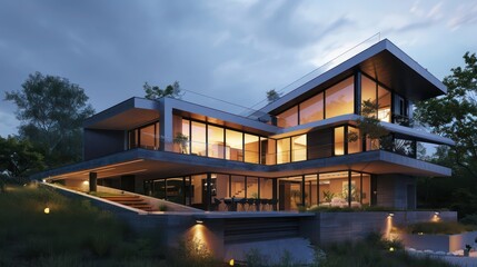 Fototapeta premium modern suburban farmhouse with a unique, angular architecture and hidden lighting elements for dramatic effect