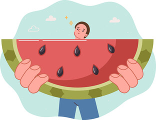 Piece of watermelon in hands of hungry man eating sweet fruit to quench thirst and relieve hunger. Guy with watermelon smiles, urging people to eat organic food with vitamins and nutrients