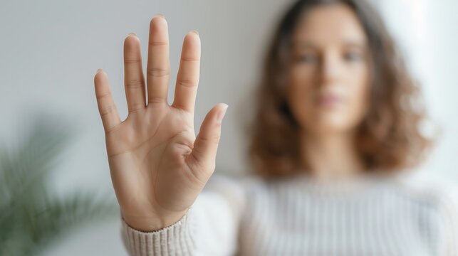 Portrait of a woman with an outstretched hand, signaling stop or halt, with a blurred background in a white setting.