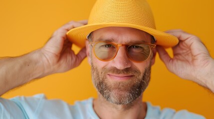 An older man with a beard smiles contentedly, wearing a yellow hat and matching glasses, while adjusting the hat with both hands against a bright orange background.