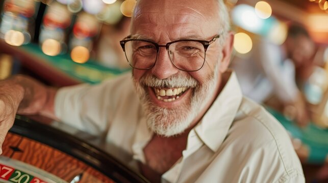 An elderly man with glasses is smiling broadly in a lively background, likely a casino or entertainment venue, showcasing happiness and contentment in a joyous moment.