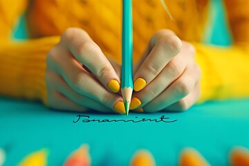 A student writing a college essay in a hand-drawn style, captured from a close-up angle with a symmetry composition and a vignette effect, illuminated by ambient light, featuring an analogous color