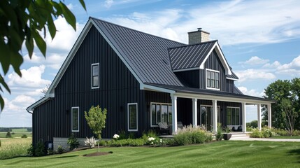 suburban farmhouse featuring a sleek black exterior with contrasting white trim, offering a modern twist