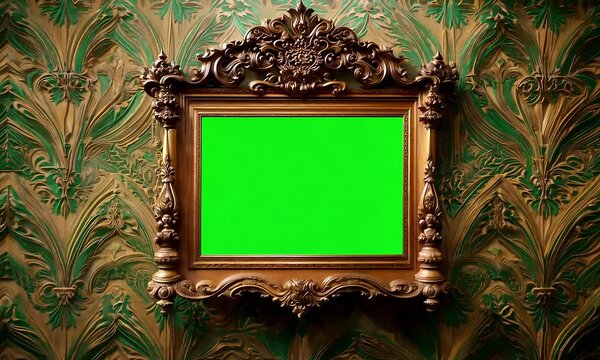 A wooden Victorian picture frame with intricate carvings, featuring a chroma key green screen in place of the picture (mov)