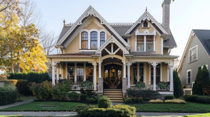 Naklejka premium suburban farmhouse with a charming gingerbread trim, painted in a cheerful yellow and white color scheme