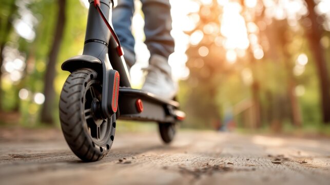 An individual navigates an electric scooter on a wooden path surrounded by a serene forest, showcasing outdoor activity, transportation, and eco-friendly travel.