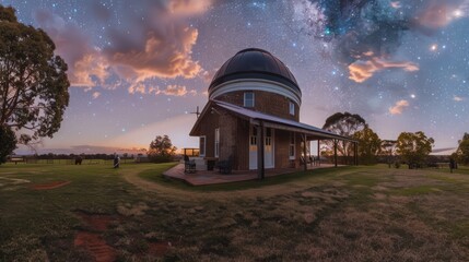 Obraz premium suburban farmhouse with a custom-built observatory for stargazing, featuring a retractable roof