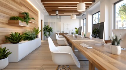 A stylish modern office space featuring wooden decor, sleek white chairs, and indoor plants, creating a warm, inviting, and productive work environment.