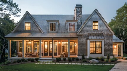 suburban farmhouse with a Cape Cod style, featuring shingle siding, dormer windows, and a cozy interior