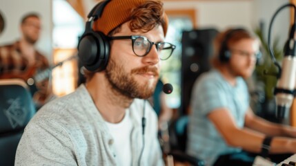 Two radio hosts engaged in discussion during a live broadcast in the studio, equipped with microphones and headphones, creating a professional and engaging atmosphere, with studio view.