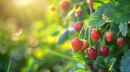 Obraz premium Ripe red strawberries glisten in the morning sun ready to be picked