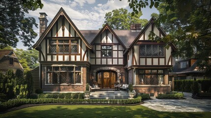 suburban farmhouse with a Tudor-style design, featuring half-timbered walls and leaded glass windows