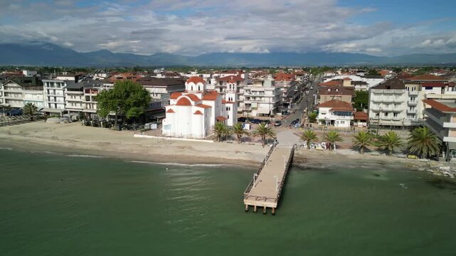 Aerial video above Holy Church of Saint Photine in Greece