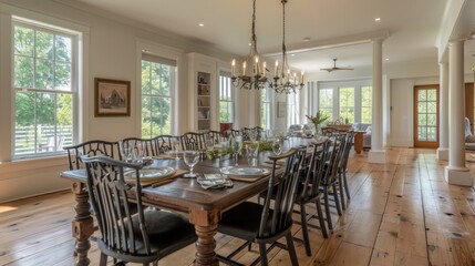 Fototapeta premium suburban farmhouse with a large, formal dining room, perfect for hosting dinner parties and special occasions