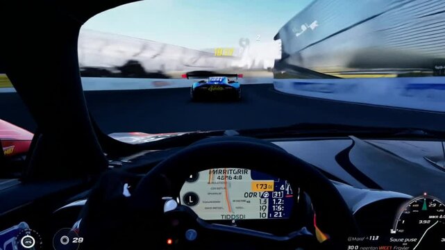 Gameplay of a Racing Simulator Video Game with Interface. Computer Generated 3D Car Driving Fast and Drifting on a Night Speedway in a Modern City. VFX Animation. Third-Person View.