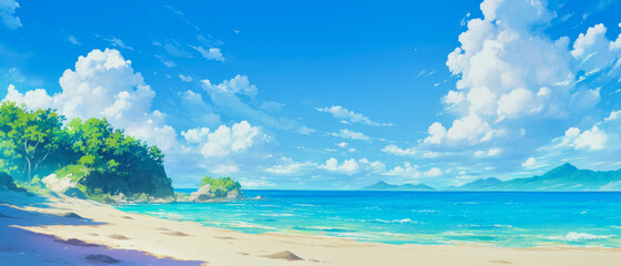 Obraz premium anime illustration with a tropical beach background