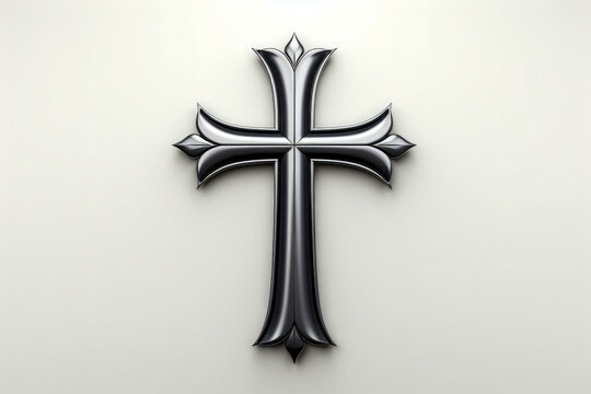 Ornate silver cross with intricate design on beige background