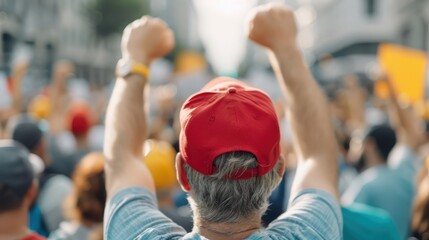 A man with a red cap enthusiastically raises his fists among a lively crowd during an urban event, displaying the collective energy and excitement of the moment.