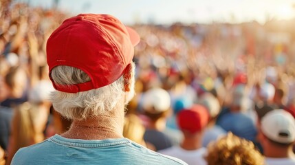 An older man wearing a red cap watches an outdoor event surrounded by a large crowd of people, bathed in soft sunlight, creating a lively atmosphere.